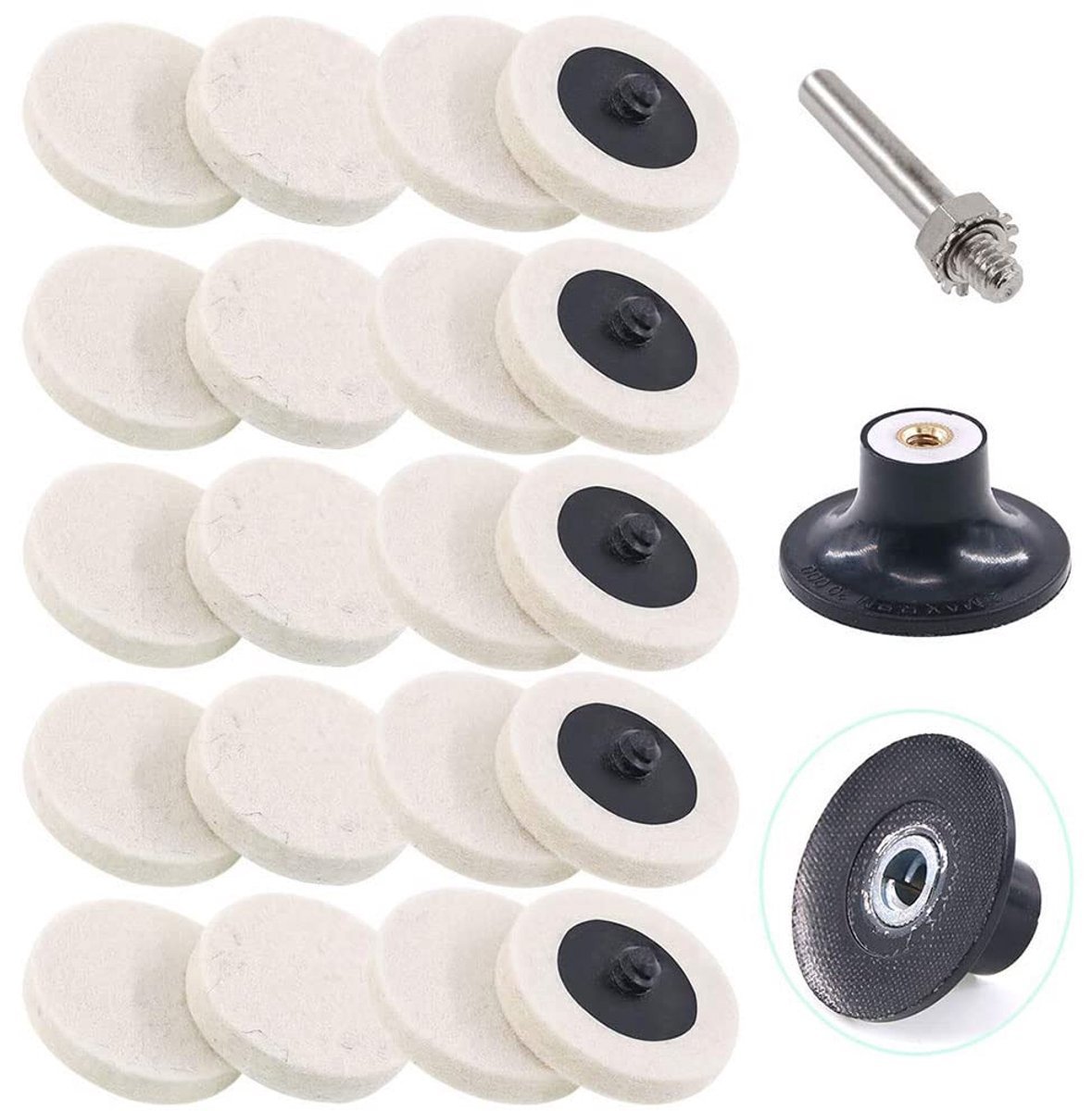 SnelShoppen - 21-delige 2" geperste wol stoffen polijstschijven set met 1 schijfhouder en 1/4" steel voor polijsten en schuren van diverse projecten