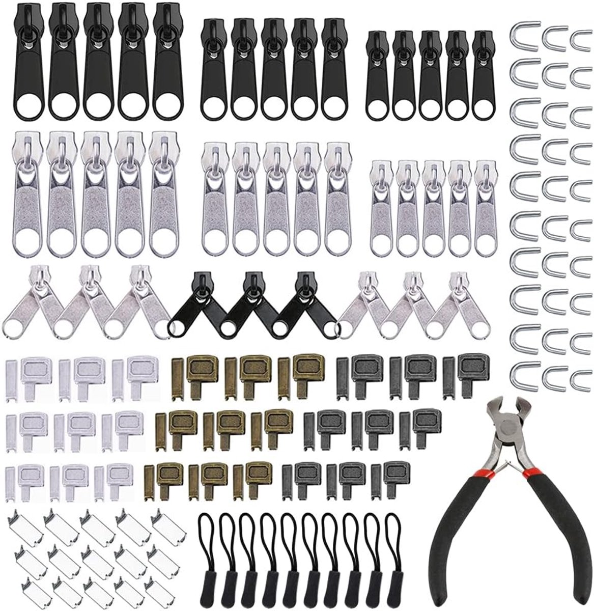 SnelShoppen - 122-delige Rits Reparatie Kit, Vervangende Sliders, Inclusief Mini Tang, Zwart en Zilver, Voor Kleding, Tassen en Meer