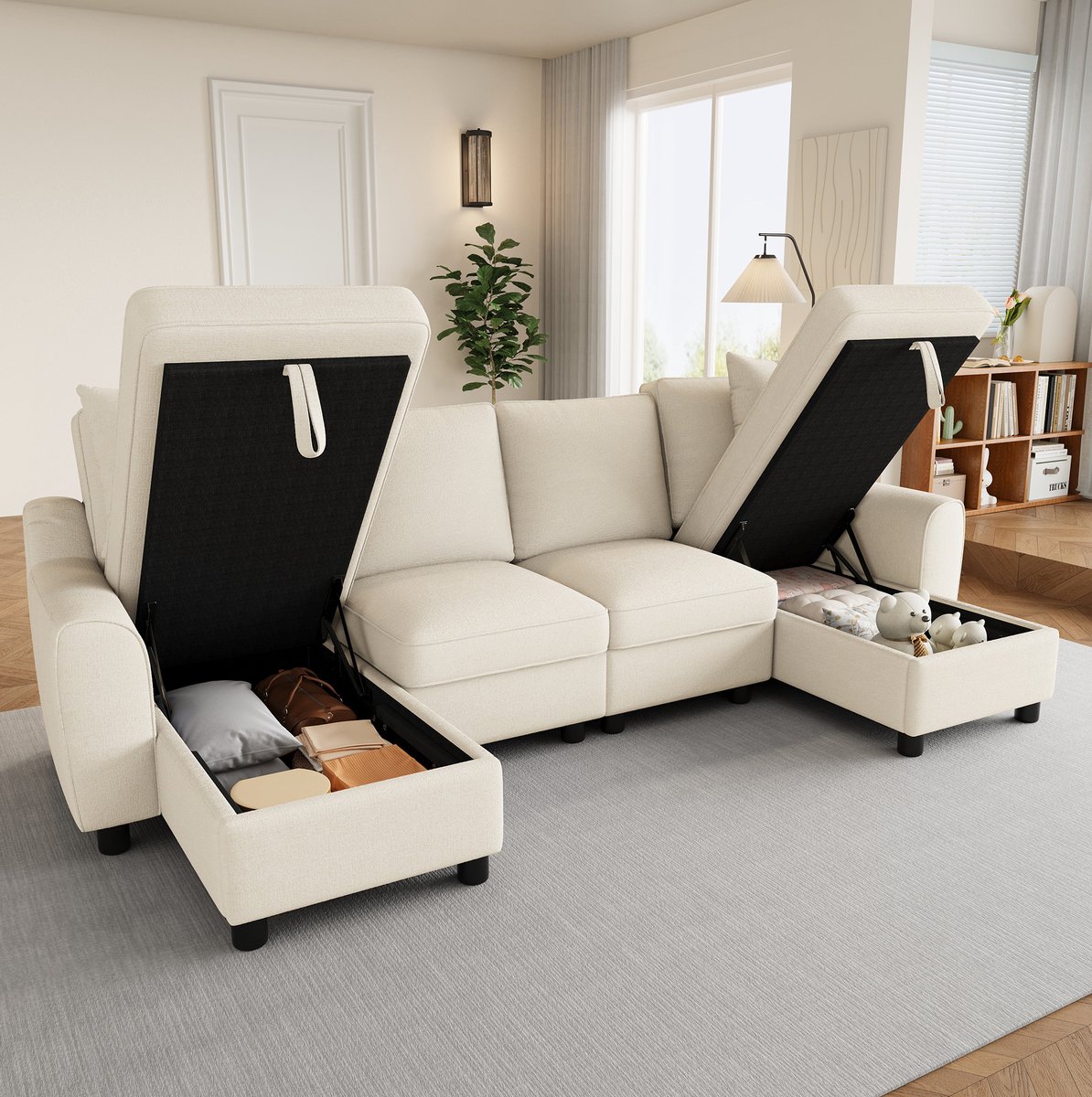 MEUNIQ U-bank van chenille 280 x 137 x 84 cm met opbergruimte in beide chaise longues, 4-zits, beige, voor de woonkamer