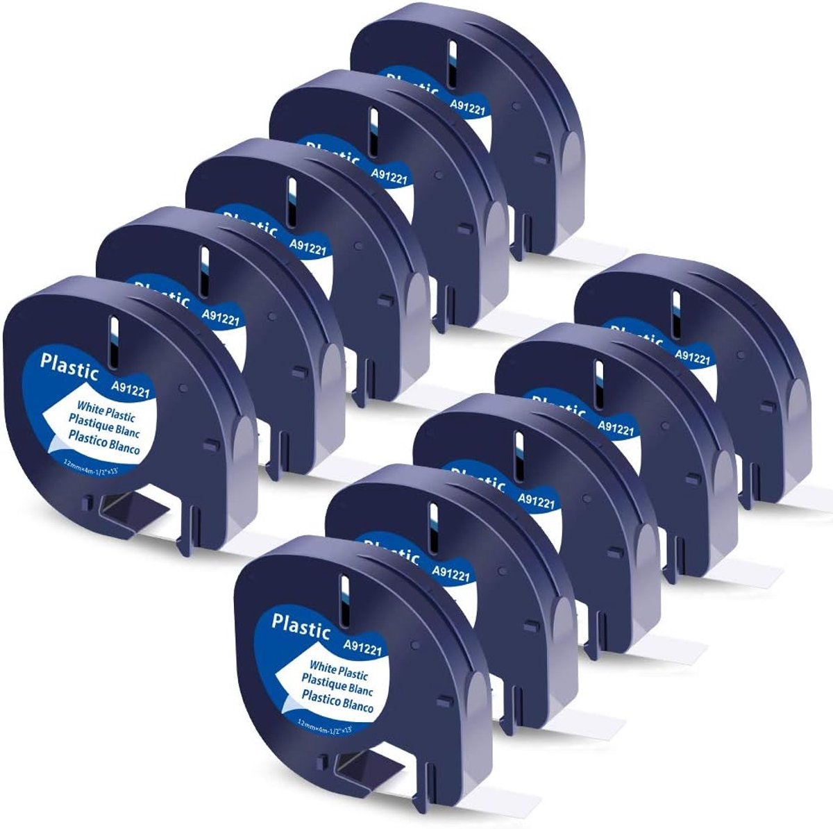 SnelShoppen - 10-Pack Plastic Witte Etikettenband 12mm x 4m, Zwart op Wit, Compatibel met Dymo Letratag LT-100H LT-100T LT-110T XR, Voor Organisatie e