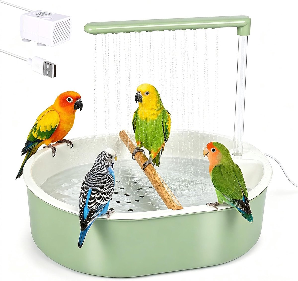 SnelShoppen - Vogeldouche voor Parkieten, Douche met Pomp en USB-stroomlus, Watercyclus Vogelbad voor Valkparkieten en Groen, Duurzaam PP-Materiaal, K