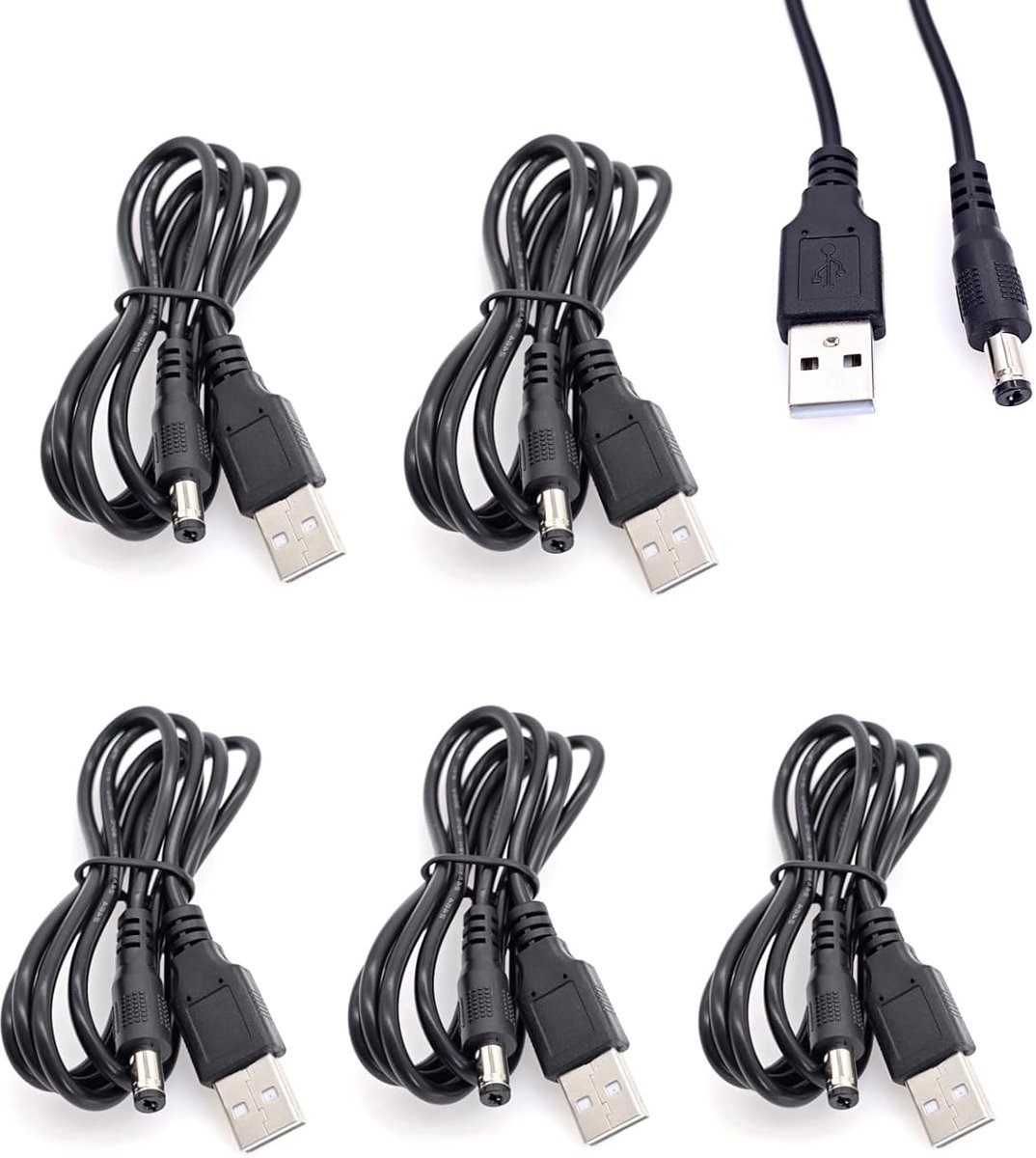 SnelShoppen - 5 stuks USB 2.0 A naar DC 5.5 x 2.1mm Voedingskabel, 1m Lengte, 5V 2A, Zwart, Ideaal voor Elektronische Apparaten en Accessoires