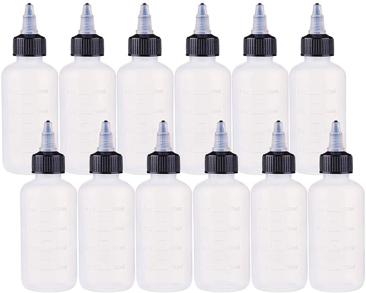 SnelShoppen - 12 Stuks Lege Plastic Squeeze Flessen 120 ml met Zwarte Draaidop - Graduatie Flessen voor Inkt, Tattoo, Vloeibare Verf, Lijm - Ideaal vo