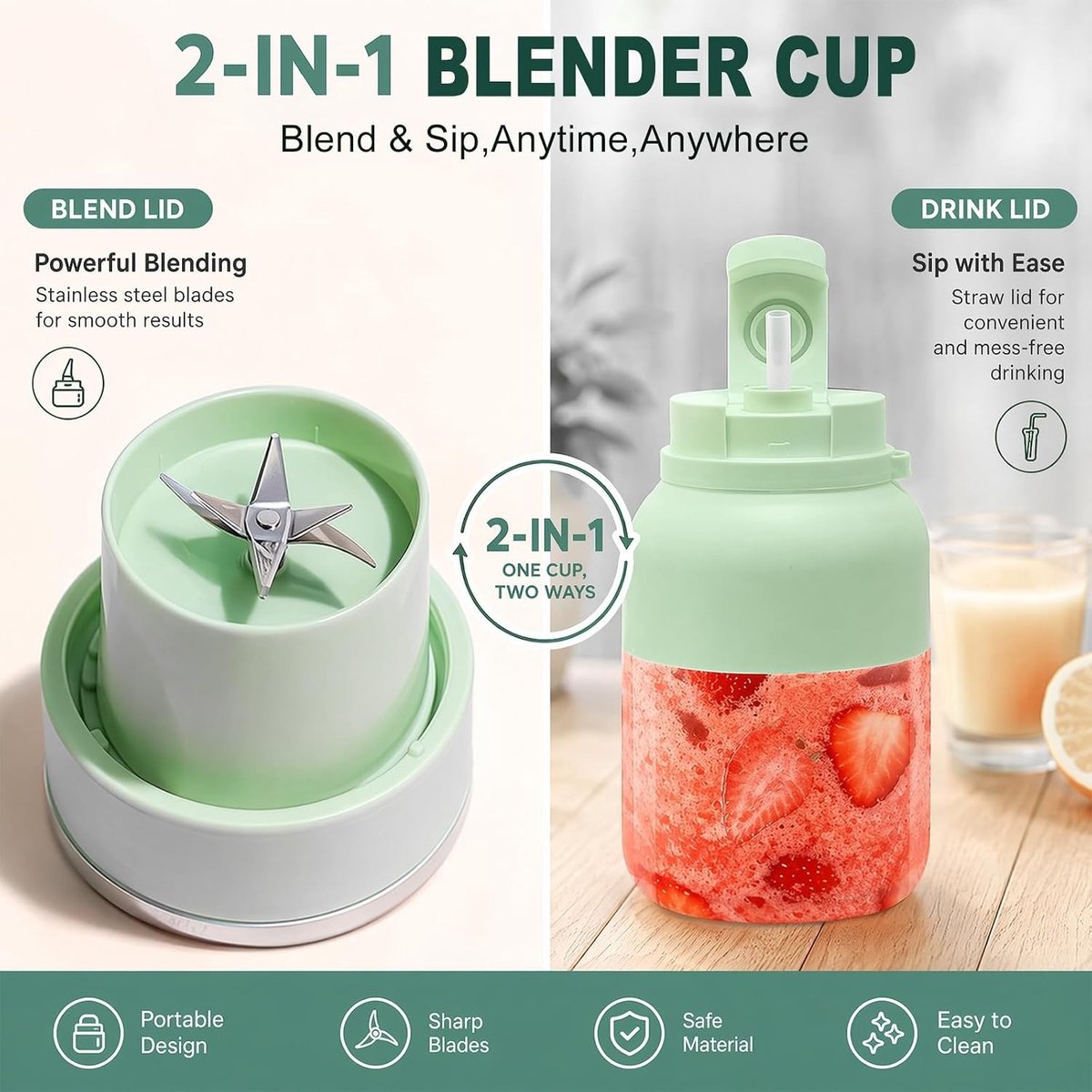 SnelShoppen - Draagbare Mixer 1200 ml - Smoothie Maker To Go - Blender Fles met Lekvrij Deksel - Draadloos Oplaadbaar - Perfect voor Kantoor, Fitness