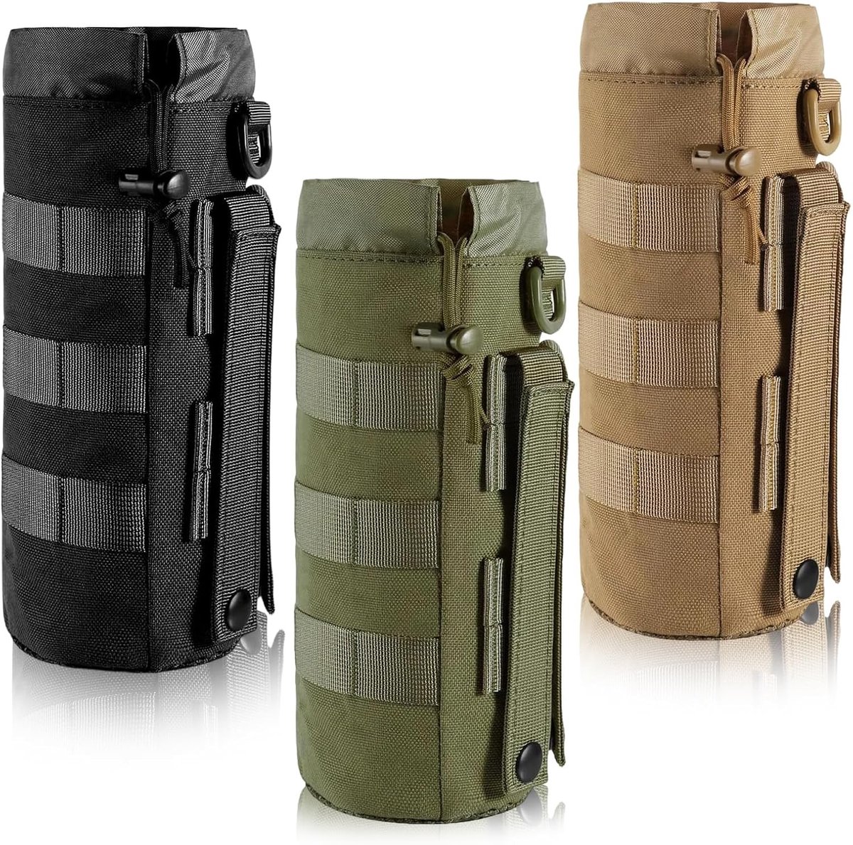 Set van 3 Tactische Flessenhouders van Nylon, Molle Flessenhouder voor Buitenactiviteiten, Ideaal voor Hiking, Jagen en Kamperen met Trekkoord en Mesh Onderkant