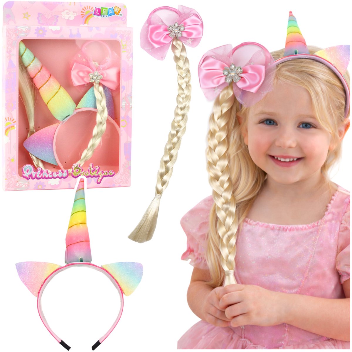 Set Van Eenhoorn Hoofdband Met Vlecht En Pastelkleurige Strik - UNI