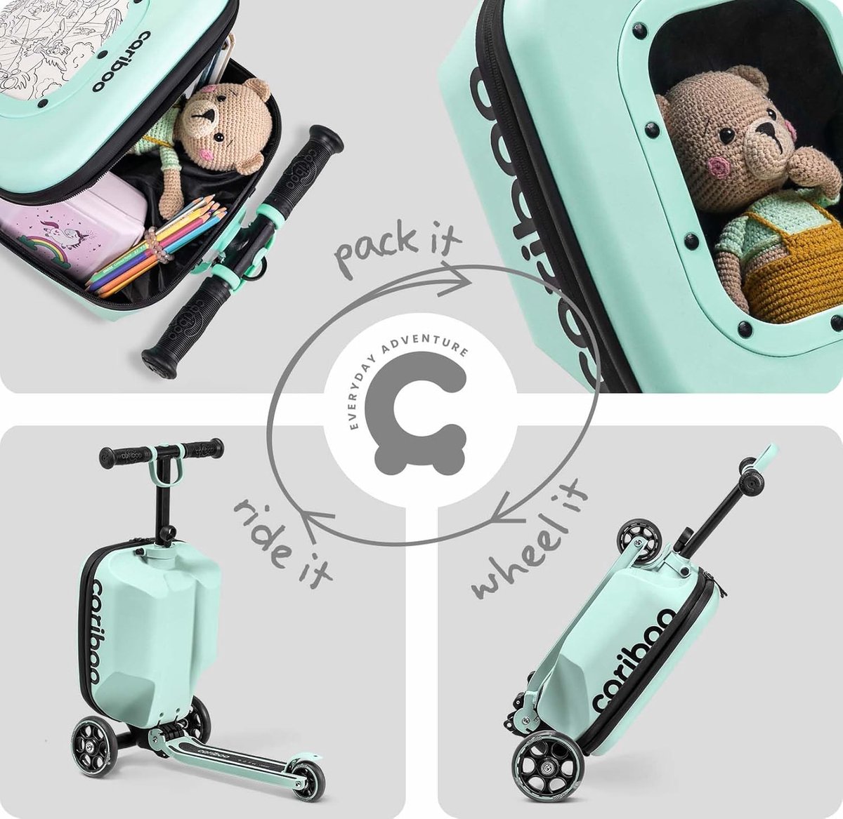 SnelShoppen - Cariboo Kinderstep Met Koffer 3 Wielen Opvouwbaar Verstelbaar Tot 50 Kg Handbagage Itravel Mint 2in1 Driewieler Voor Kinderen Vanaf 2 Ja