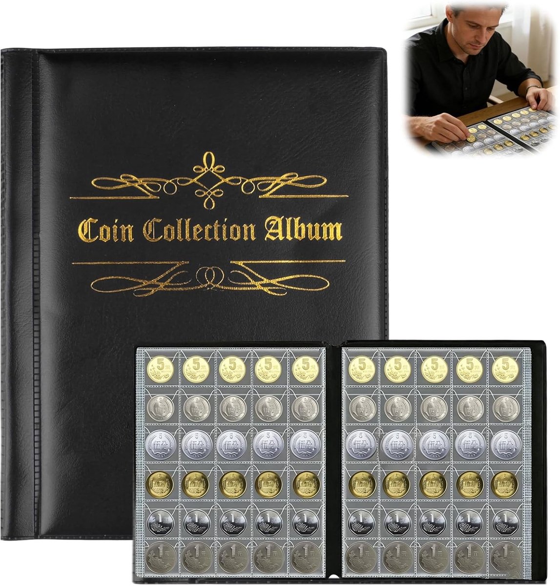 Coin collector album voor 480 munten tot 27 mm, zwart met valbescherming, ideaal voor 2 euro munten en opslag van verzamelobjecten