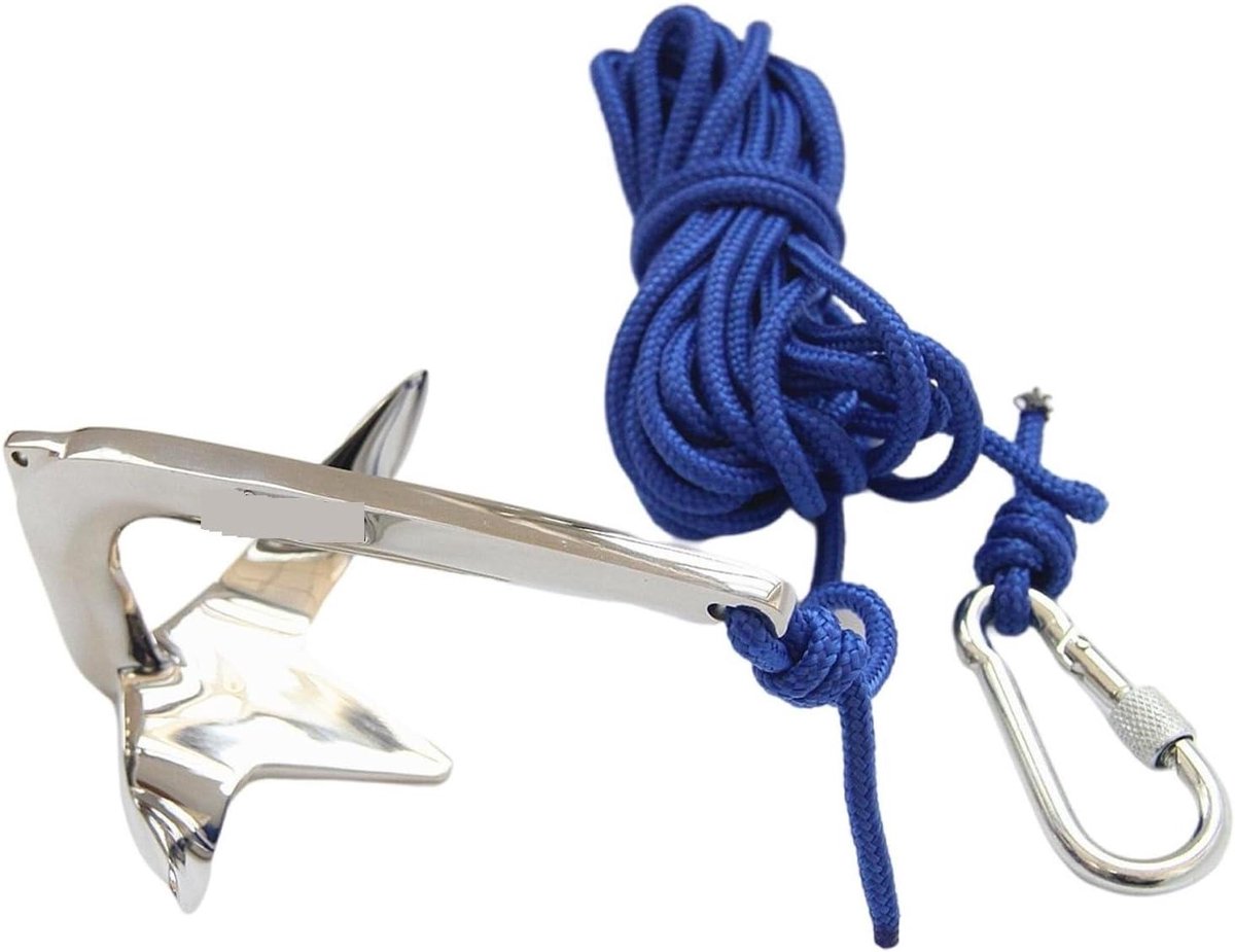 Meertouw Boot Klauw - Bootanker Boottouw - Boten Stabiliseren - Hoogglans Gepolijst - 5m Touw - Zilverkleurig