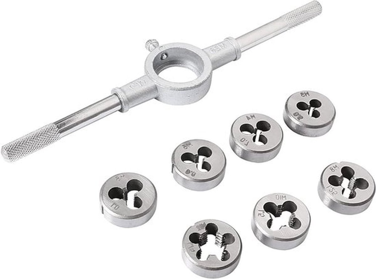 8-delige Set Ronde Verstellende Bouten met Handvat, Metrische Draad M3 M4 M5 M6 M8 M10 M12 en 25mm Draadhouders voor DIY, Reparatie en Snijden van Draad
