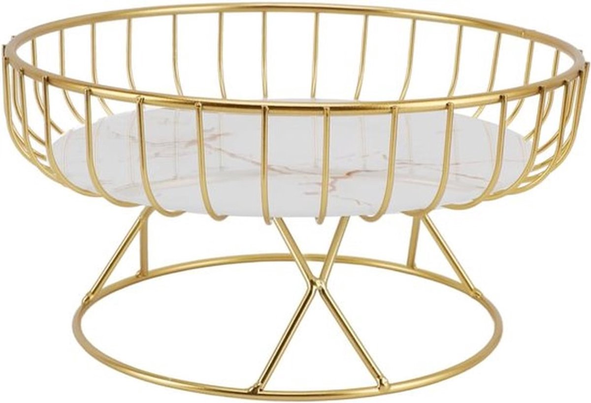 Grote ronde fruitschaal van metaal, ideaal voor fruit, snacks en brood, elegant design met gouden strepen