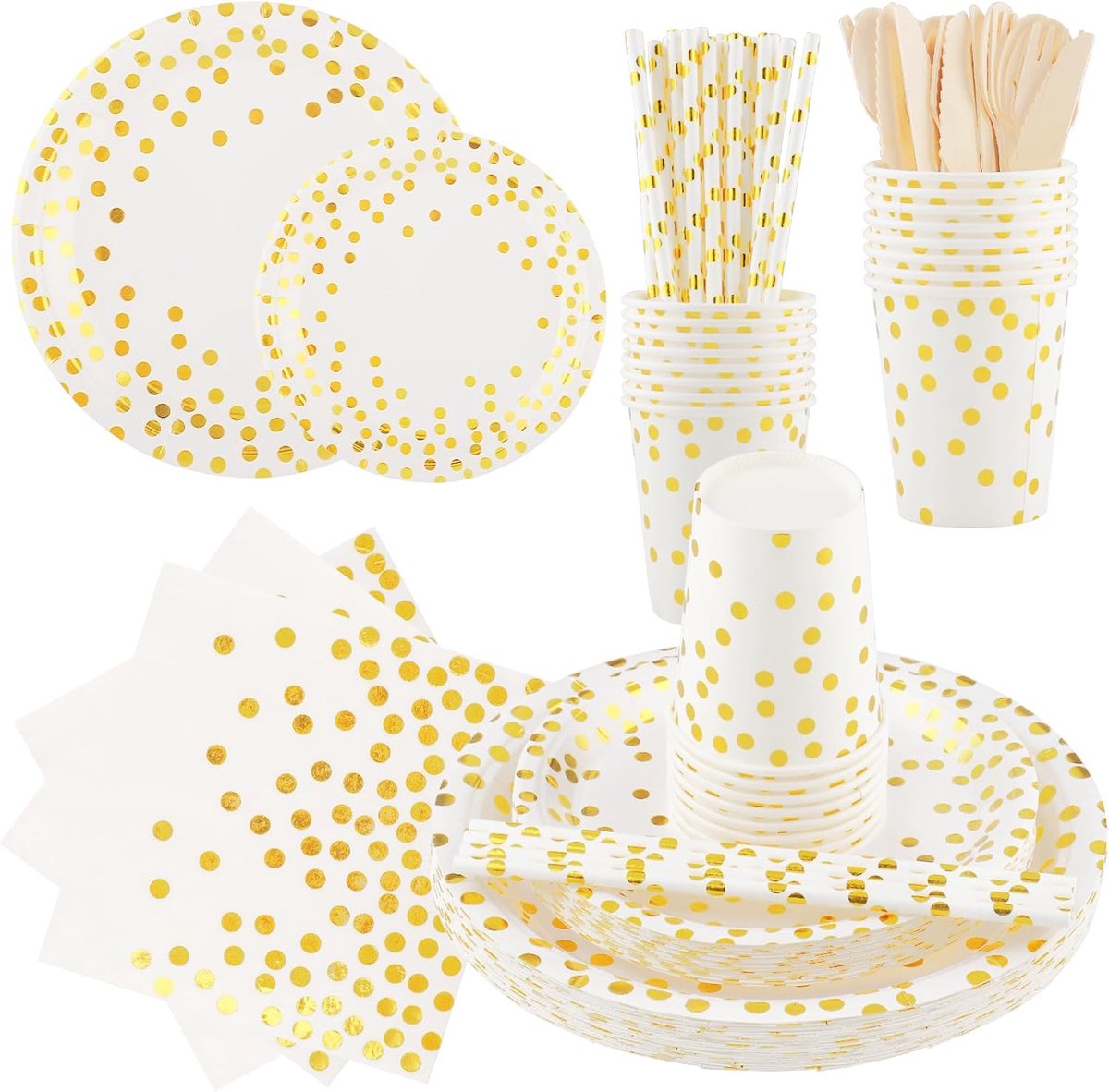 200 stuks papieren serviesset voor bruidsdouche, verloving, bruiloft en verjaardag (gouden stippen)