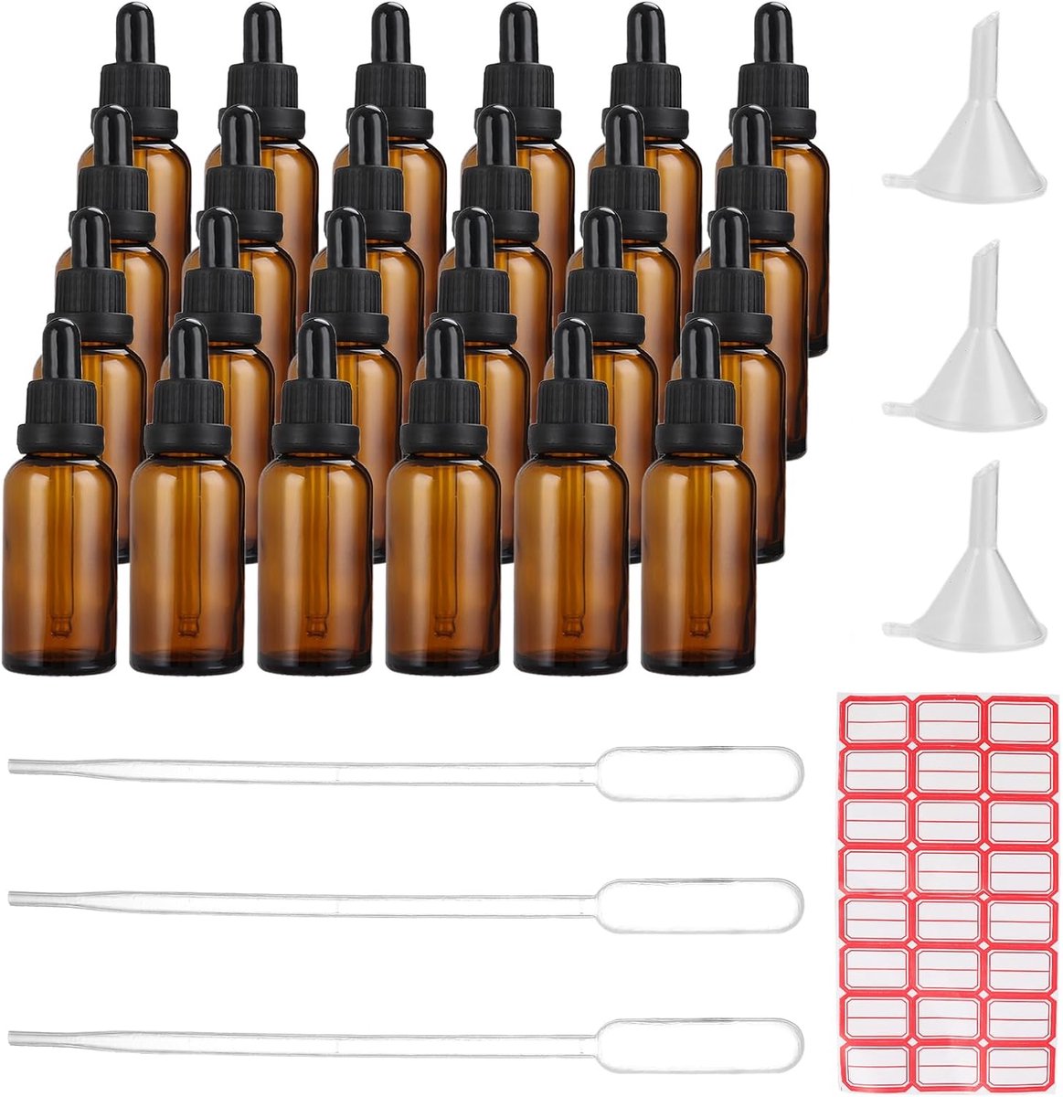SnelShoppen - Set van 24 Bruine Glazen Druppelflessen met Pipetten, Essentiële Olie Flessen 30ml, Laboratorium, Parfum, Herbruikbaar, Perfect voor DIY