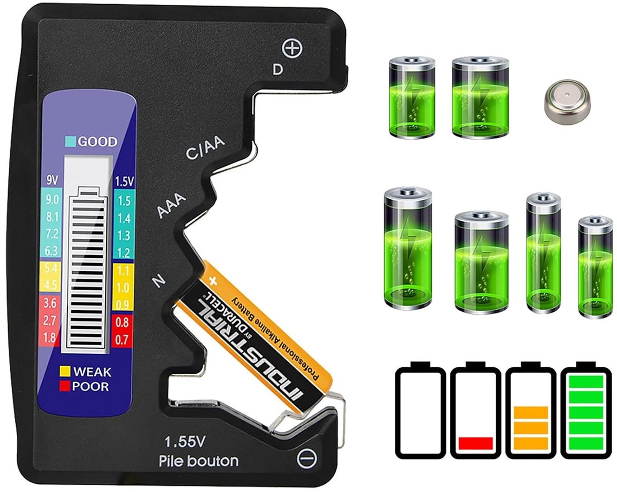 Digitale Accutester - Universeel - Geschikt voor AAA/AA/C/D 1,5 V-9 V Knoopcellen - Voor Thuis en Op Reis