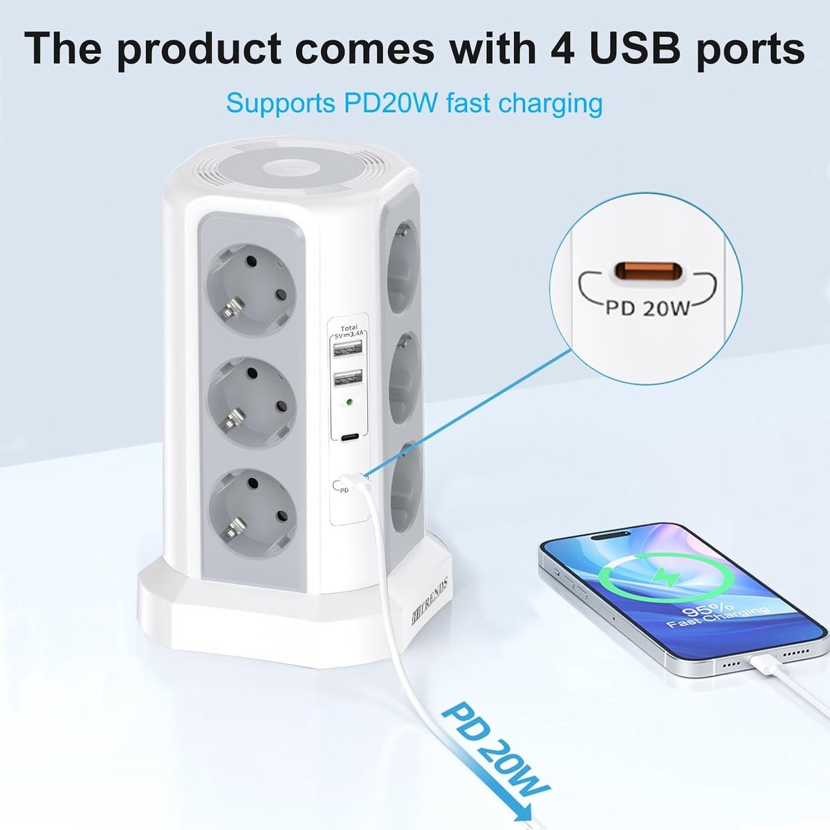 Stekkerdoos met USB-A en USB-C - Wit - 1,8 m - Stopcontacttoren met Overspanningsbeveiliging - Voor Huishoudelijk Gebruik