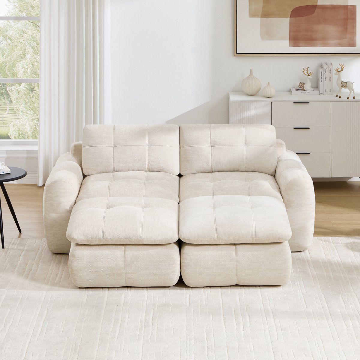 FloraGrace 2-Zits Zitbank – Modulaire Wolkenbank Met Geruite Stiksels En Armleuningen – Voor Woonkamer En Appartement – Chenille – Beige