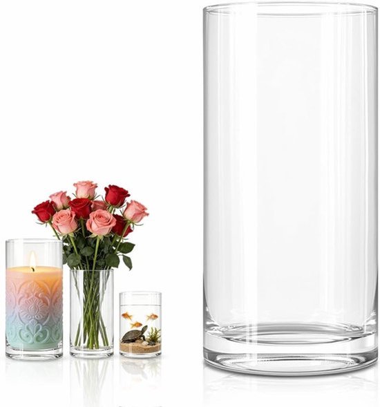 Decoratieve Glazen Vaasje - Cilindervormige Vaas van 30 cm Hoog en 15 cm Breed, Transparante Glazen Vazen voor Tafeldecoratie, Kaarsenhouder en Bloemenvazen