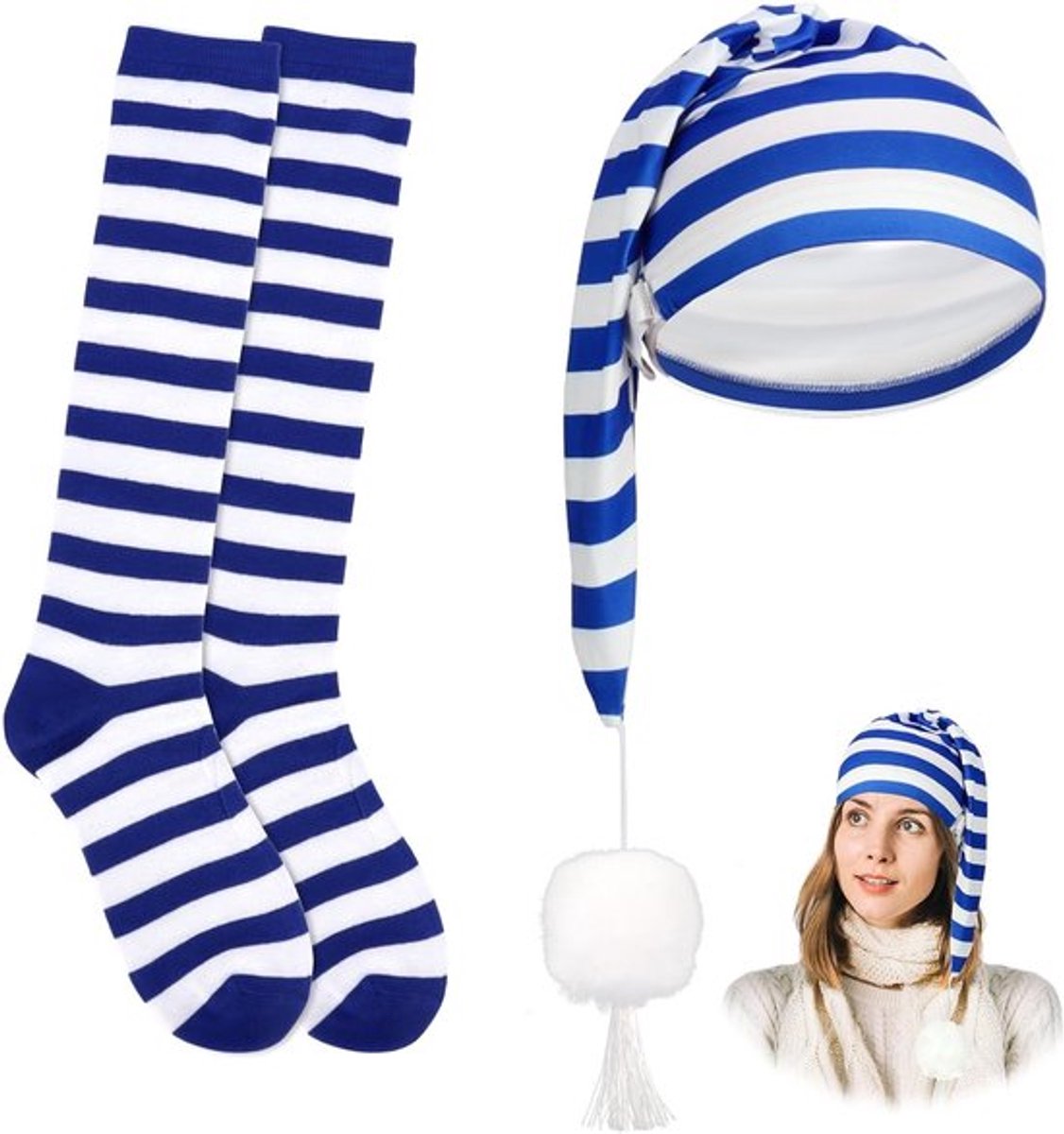 Gestreepte Nachtkousen en Slaapmuts met Pompon voor Carnavalskostuum en Feestjes in Blauw en Wit