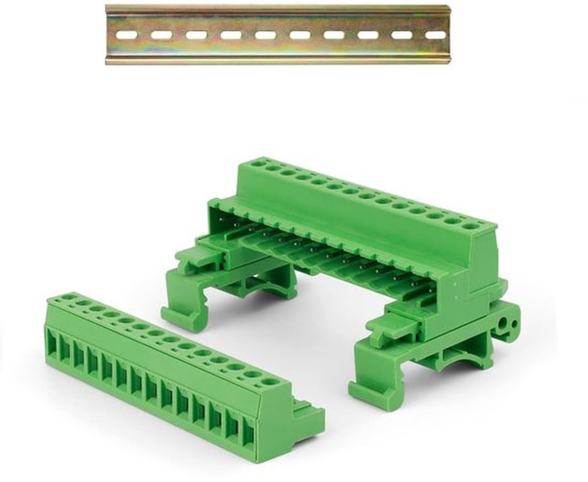 Klem voor DIN-rail met 14 naaldgaten en geïntegreerde kabelgeleiding voor bedrading en schakeling, geschikt voor draaddiameter 2.5 mm