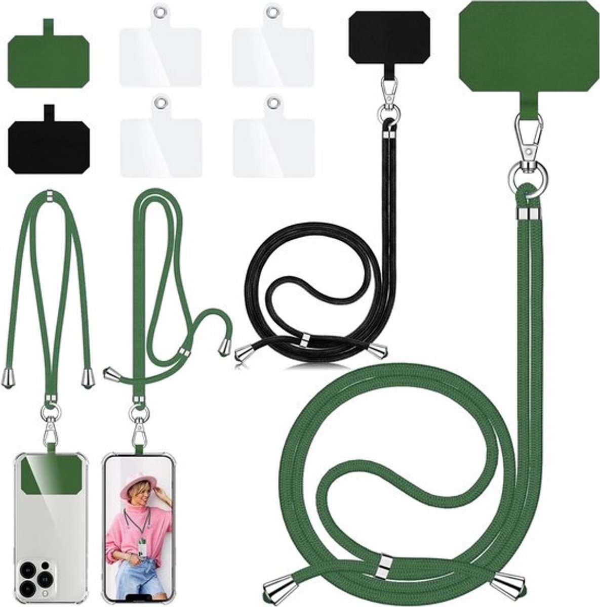 Verstelbare Telefoonketting voor Smartphones, Unisex Necktasje met 6 Pads, Ideaal voor Draagcomfort en Veiligheid (Zwart + Grasgroen)