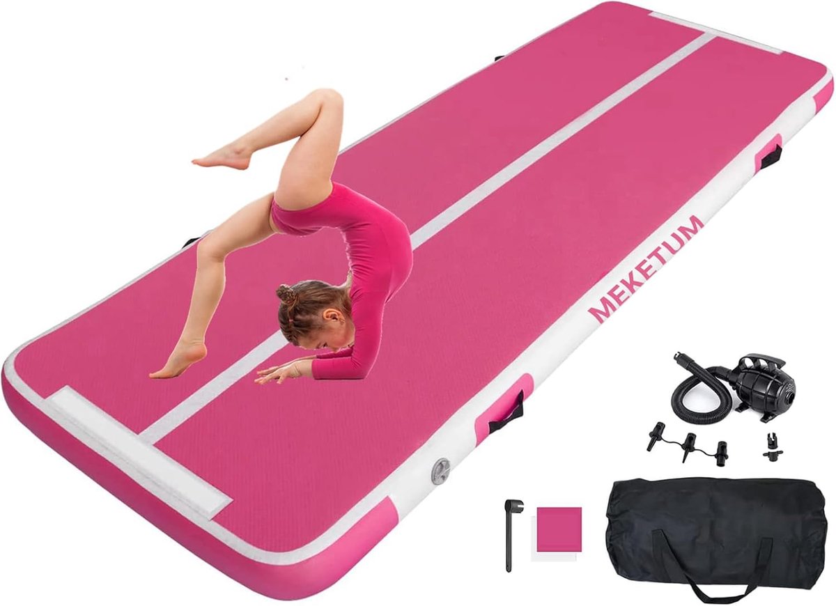 SnelShoppen - Air Turn Oefening Mat 3 m Antislip Gymnastiekmat Opblaasbare Sportmat Roze 10/20 cm Dikte Voor Training Yoga Outdoor Fitness Stunts