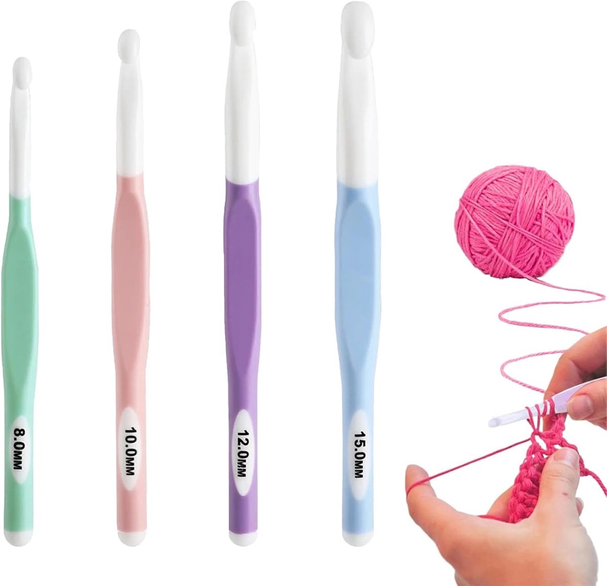 Set of 4 Crochet Needles, Size 8 mm, 10 mm, 12 mm, 15 mm, Ergonomic Crochet Hook with Rubber Handle, 19.5 cm, Extra - ShopVlot