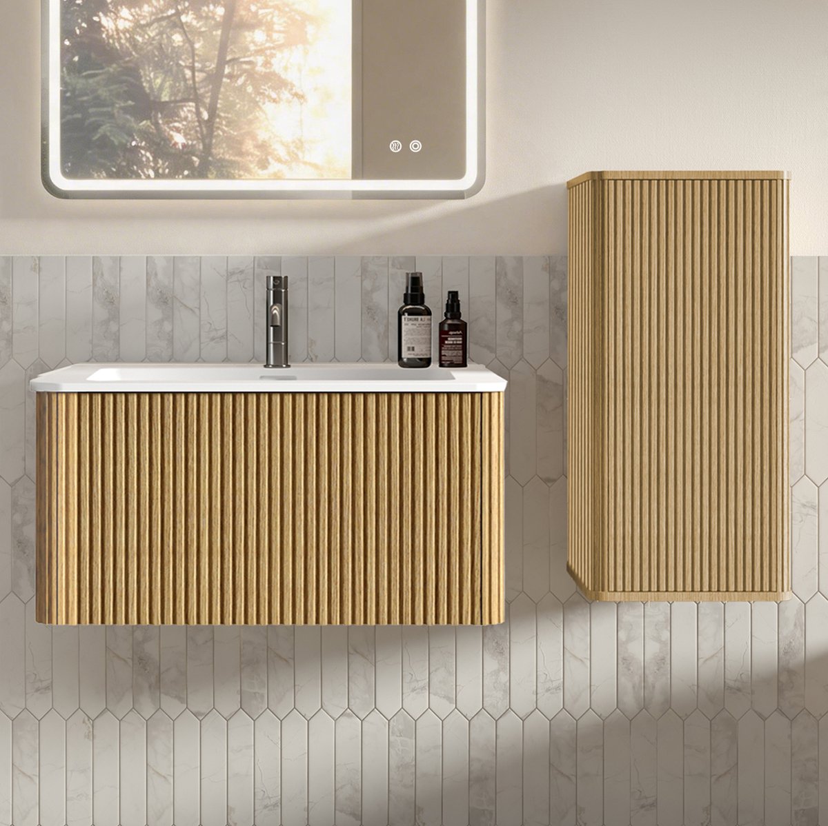 FloraGrace Badkamermeubelset Met Wastafelonderkast En Zijkast Wandhangend Modern Design Eiken Kleur 81 Cm