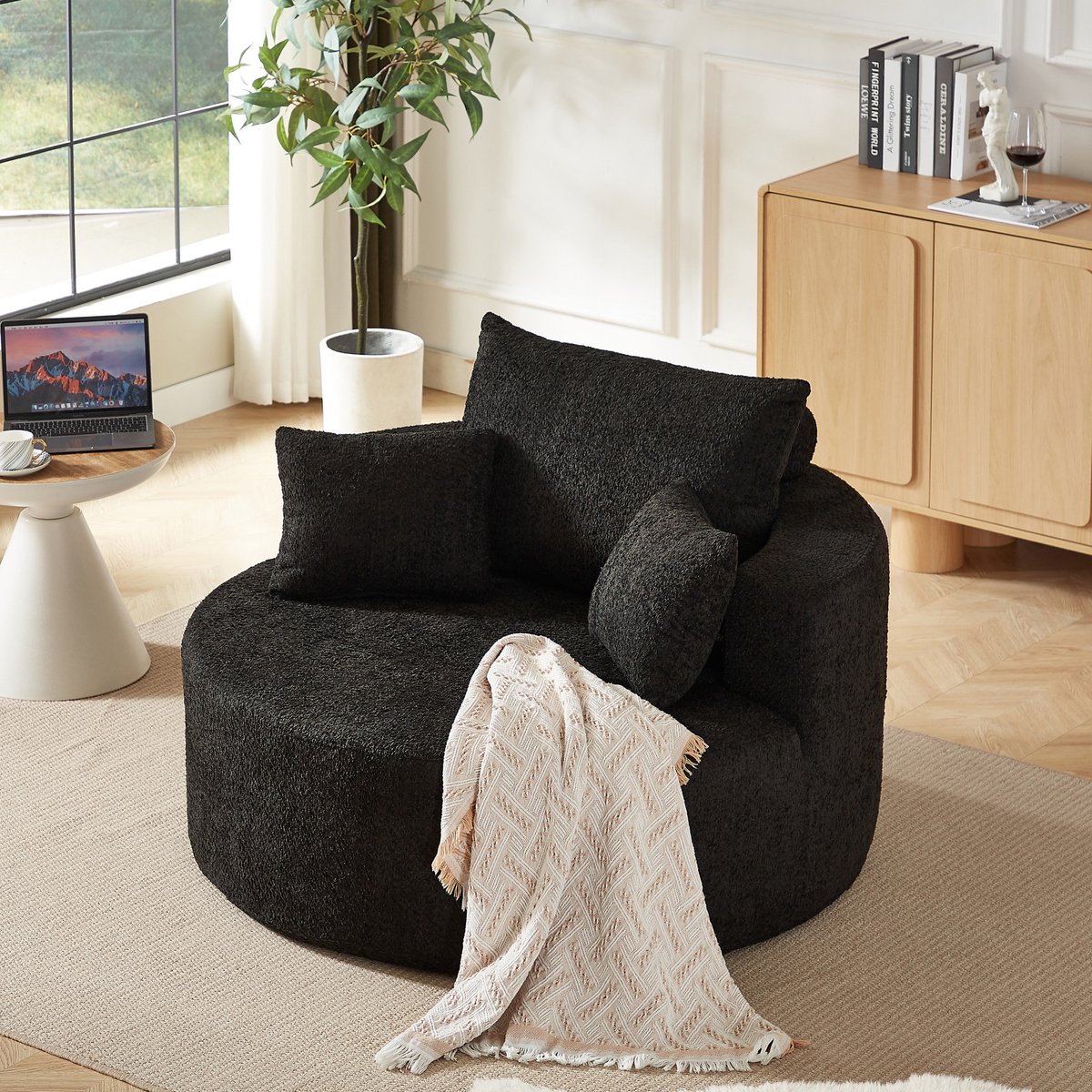 MIVRAY Fauteuil 127 x 127 x 82 cm - Zonder Montage Met Zacht Rugkussen En Armleuningen - Voor Woonkamer En Slaapkamer - Chenille Zwart