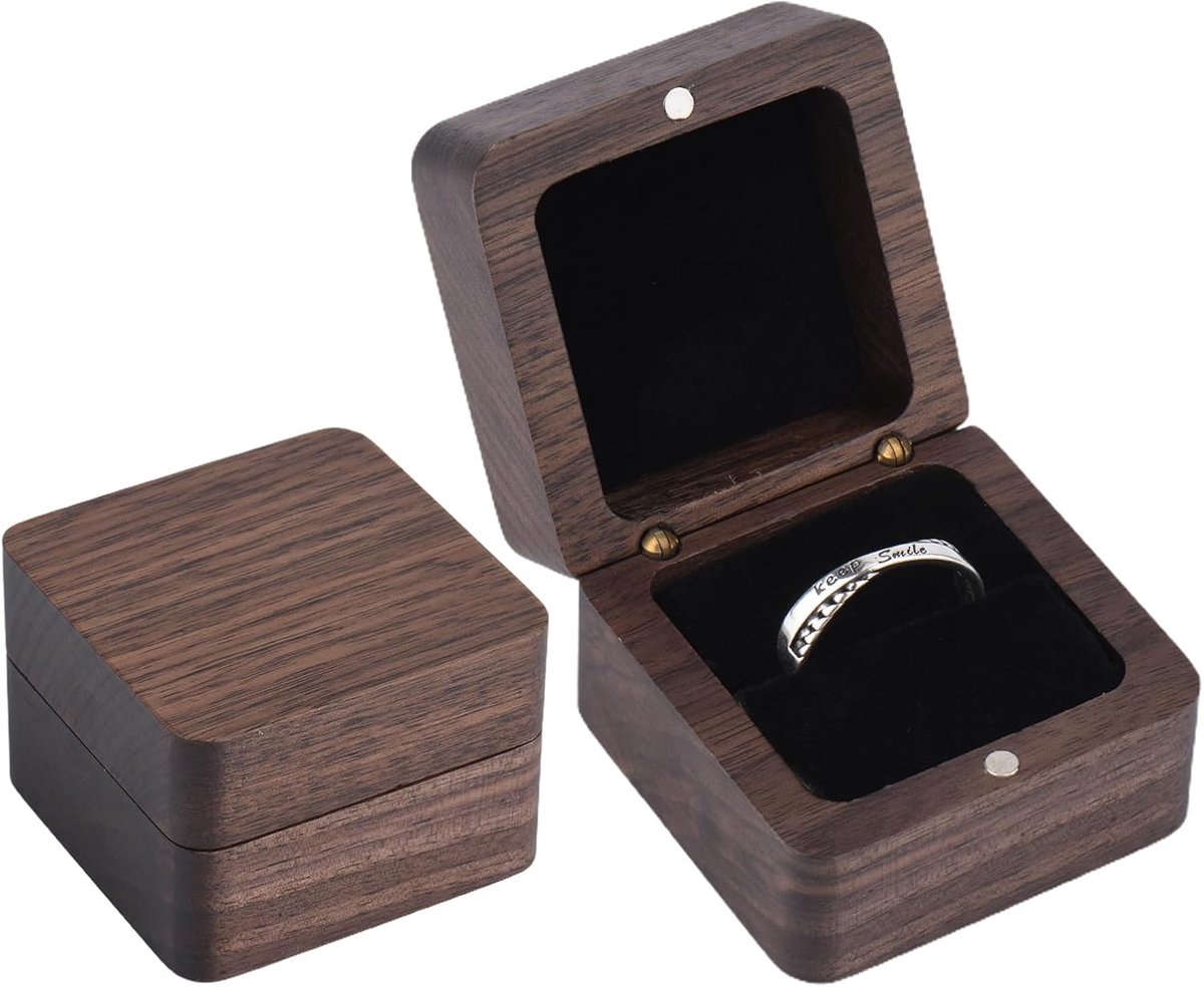 SnelShoppen - Houten Ringdoos, Massief Walnoot, Handgemaakte Ringdoos voor Verloving, Huwelijk, Trouwaanvraag, Dagelijkse Opslag, Luxe Geschenk
