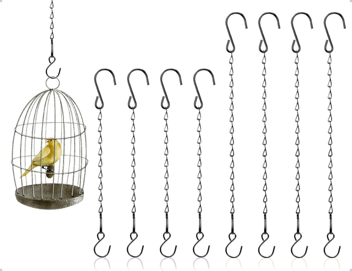 SnelShoppen - Set van 8 Hangende Mand Kettingen met Haakjes voor Thuis, Kantoor, Vogelhuisjes, Bloembakken, Lantaarns en Reclameborden (Zwart, 29cm en