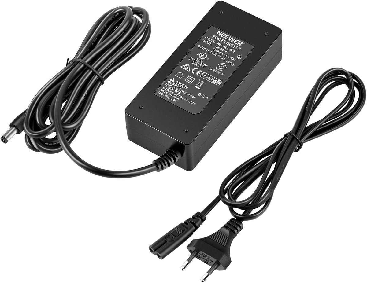 SnelShoppen - Voedingsadapter AC 100-240V naar DC 12V, 3A, 36W met 2m Voedingskabel voor 480 LED Video Lamp en Ringlicht, UL Goedgekeurd (EU Stekker)