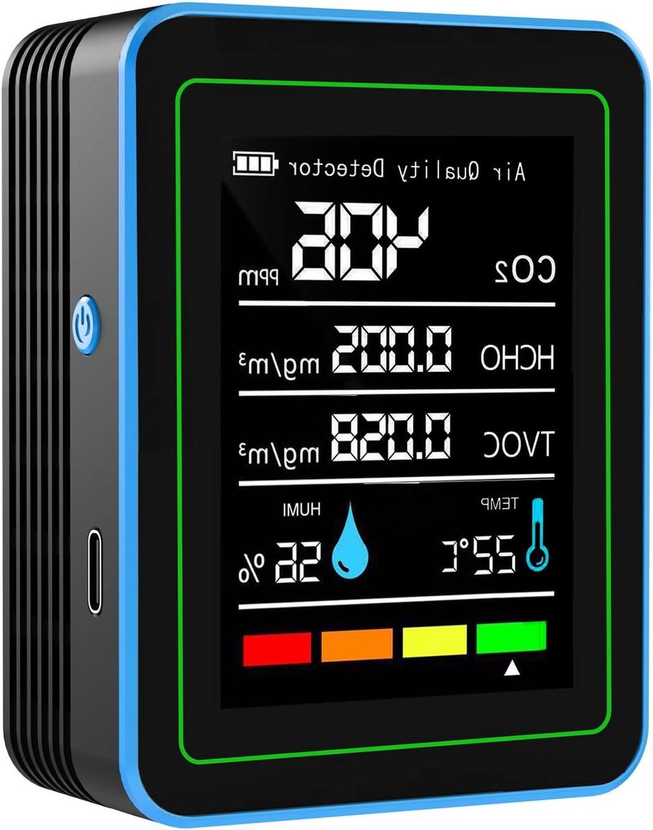 Luchtkwaliteit Monitor - Luchtmeter Tester - Binnenklimaat Meten - 5-in-1 Sensor - Compact Formaat - Zwart Blauw