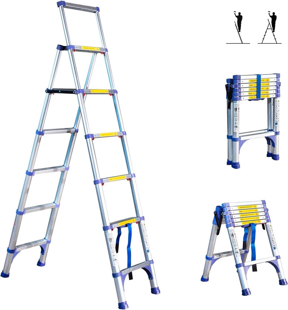 Telescopische ladder - Vouwladder opberg ladder - Klussen en onderhoud - Compact opvouwbaar - 35 meter werkhoogte - Zilver