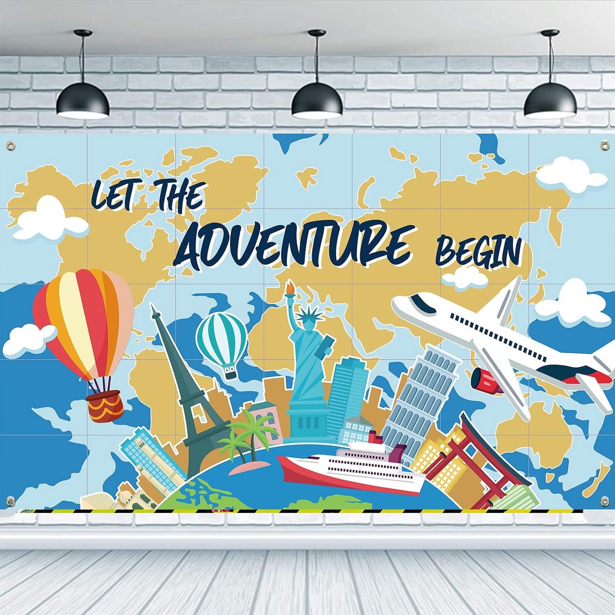 SnelShoppen - Achtergrond Reis Themaparty 185x110cm - Fotobehang voor Verjaardag, Afstuderen, Baby Shower, Feestdecoratie - Blauw en Geel - 'Let The A