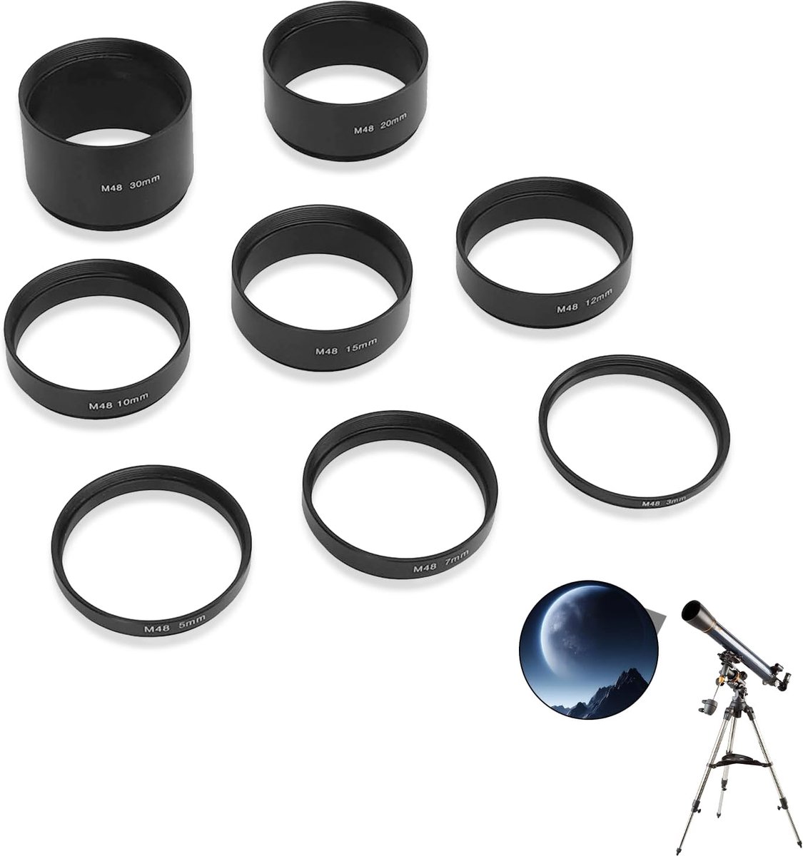 SnelShoppen - 8Pcs M48x0.75 Focale Lengte Verlengbuis Set, Focusproblemen Oplossen, 3 5 7 10 12 15 20 30mm Verlengring, Voor Astronomische Telescoop F