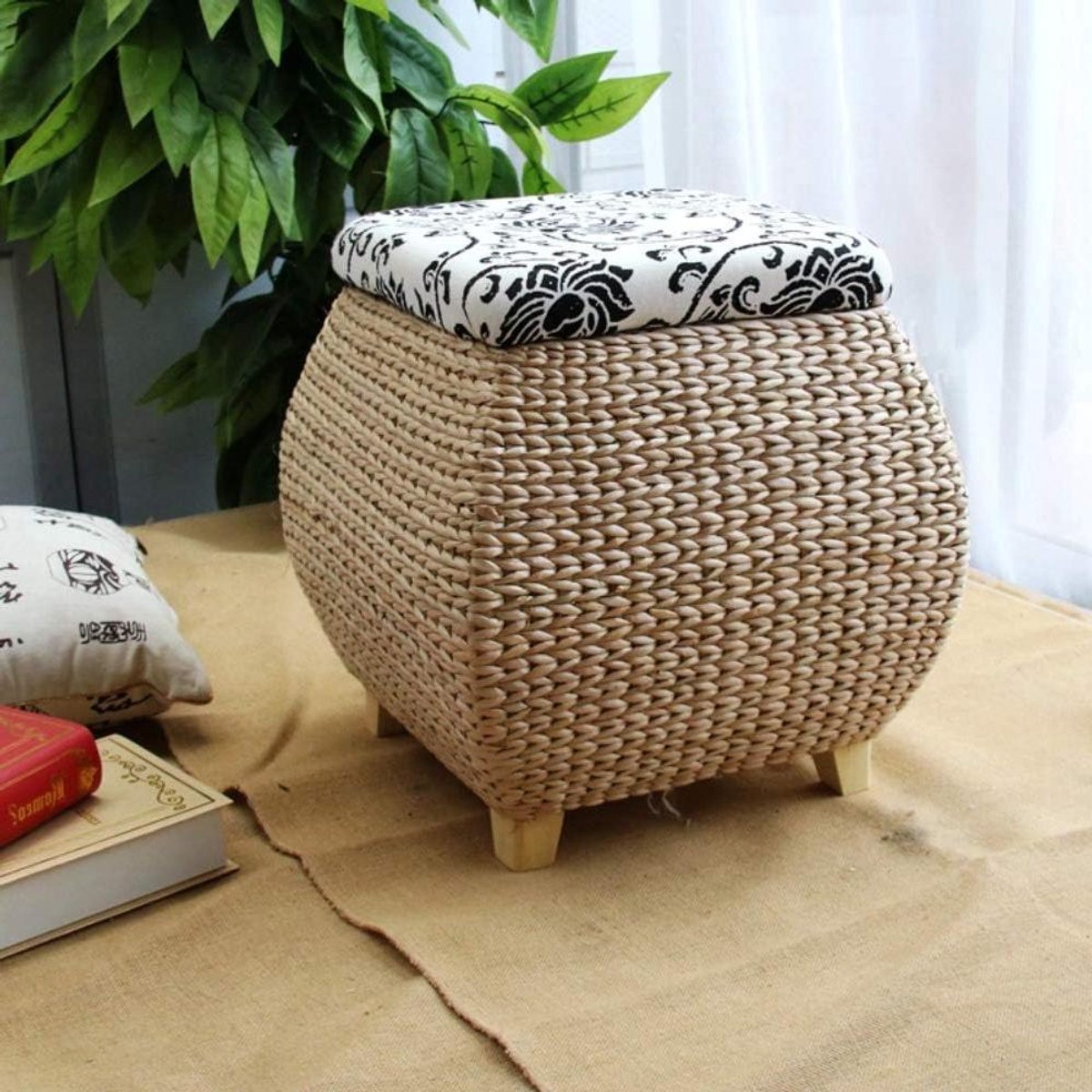 Rotan Voetbank - Poef Ottomaan - Extra Opbergruimte - Handgeweven Natuurlijk - 40 cm - Bruin
