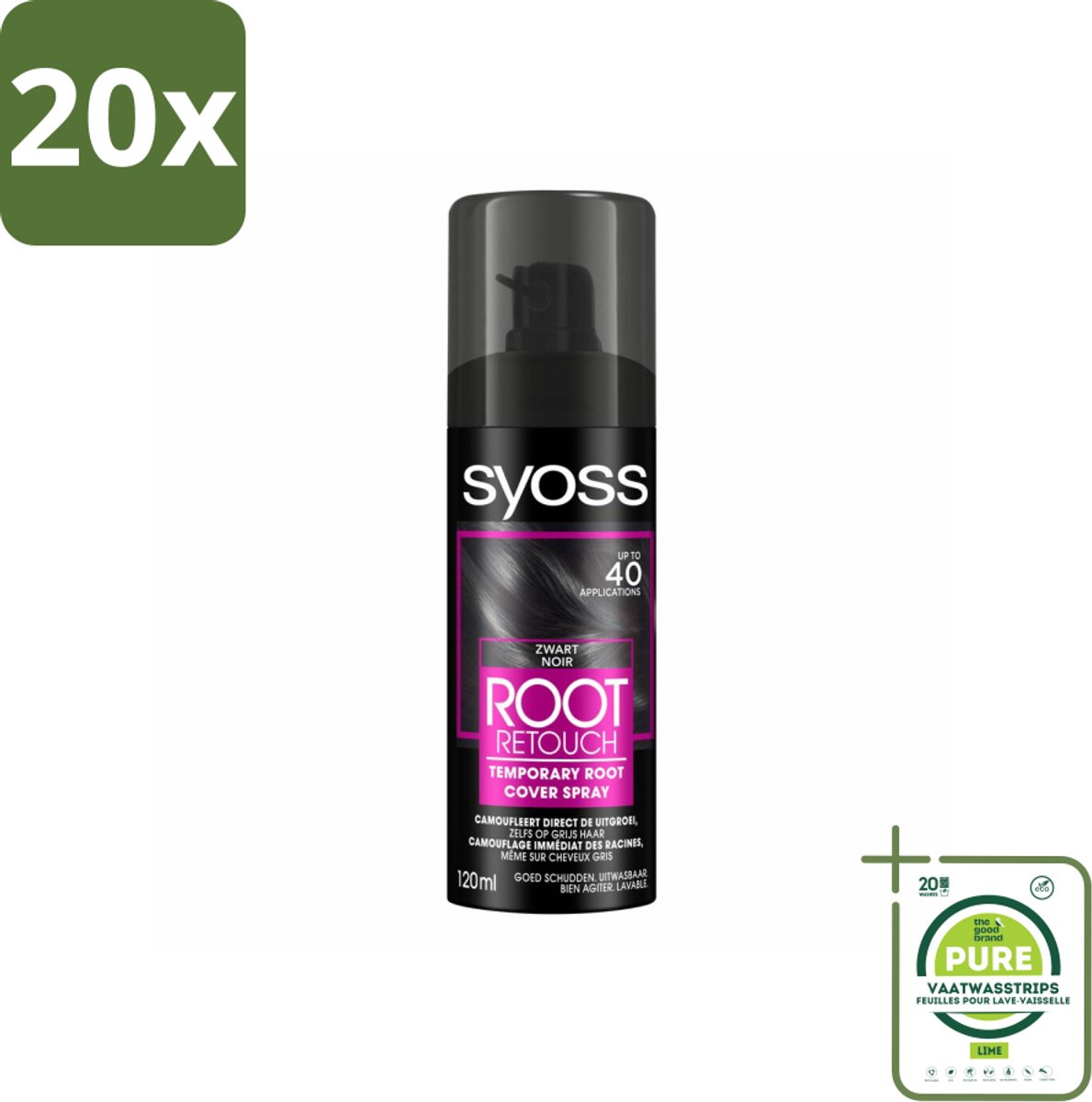 20 x SYOSS - Uitgroeispray Zwart - Uitgroeispray - Kleurbescherming - Directe Grijsdekking - Grootverpakking - Haaruitgroei Verbergen - Grijs Haar Camoufleren - Tijdelijke Haarkleur - Haarkleur Spray - Uitgroeispray