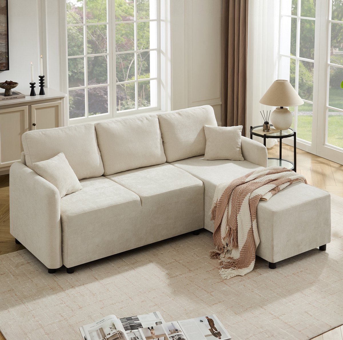FloraGrace Hoekbank 3 Zits - L Vorm Met Lange Ligplaats - Zacht Chenille Zitcomfort Voor Woonkamer En Studentenwoning - Licht Beige