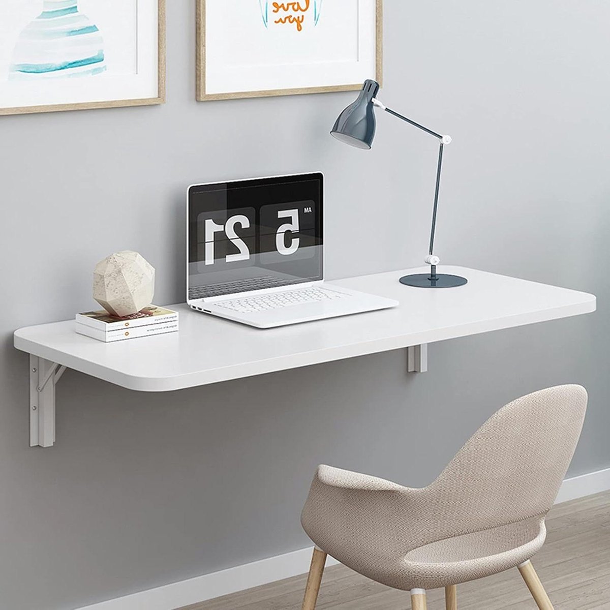 Inklapbaar Wandbureau - Klaptafel Bureau - Ruimte Besparen - Stalen Stevige Beugels - 80 x 60 cm - Wit