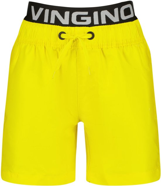 Voorkant van een gele zwembroek met VINGINO logo op de zwarte band en trekkoord.