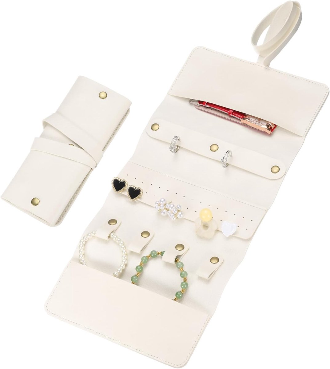 SnelShoppen - Reis Sieraden Opberg Tas, Vouwbare Draagbare Sieraden Organizer voor Ringen, Halskettingen, Oorbellen, Armbanden, Beige PU Leer, Compact