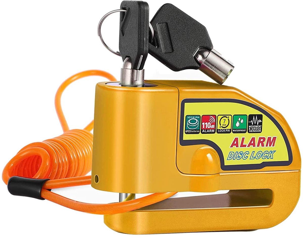 SnelShoppen - Alarm voor schijfrem, 110 dB, waterdicht met 1 m lange herinneringskabel en draagtas, ideale diefstalbeveiliging voor motorfiets, fiets,