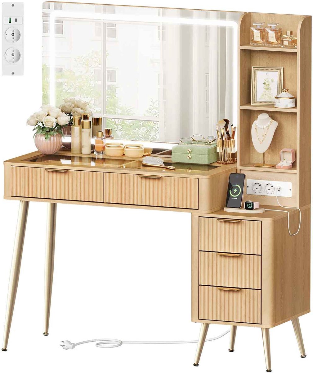 CORE Kaptafel met LED Spiegel - Make-uptafel met Verstelbare Verlichting - Inclusief Stekkerdoos, Laden en Zijkast - Moderne Kaptafel met 9 Opbergvakken - Ruim Dressoir voor Make-up, Sieraden en Verzorgingsproducten - 117x40x137cm - Houtkleurig