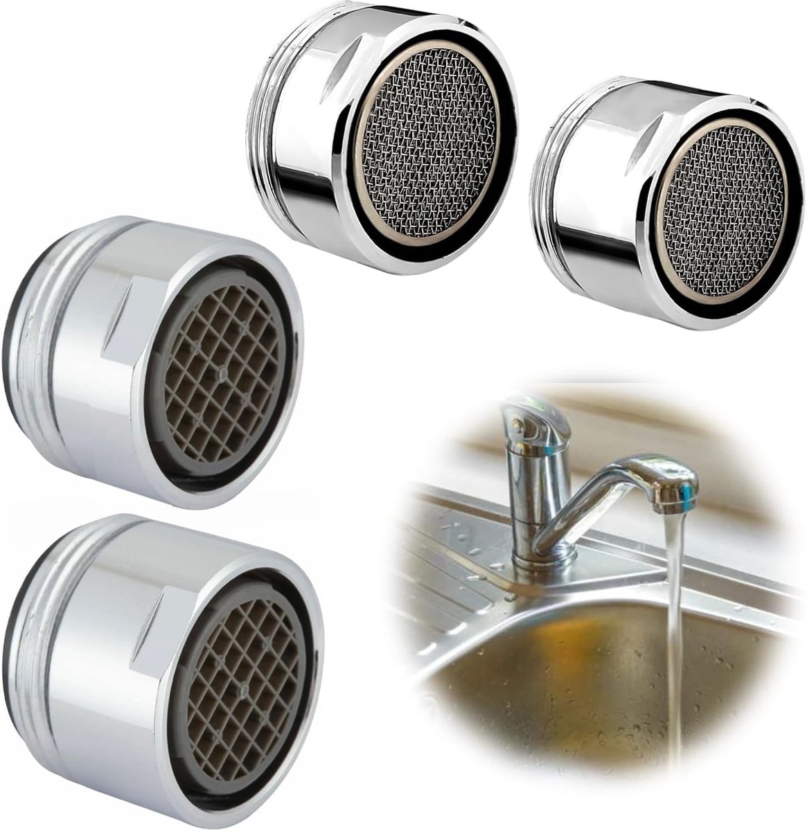SnelShoppen - 8-delige Kraanfilter Set, M22 Aerator en Strainer, Metalen Kraanfilter Inzetstuk voor Keuken en Badkamer, Inclusief 1 Mix Nozzle Sleutel