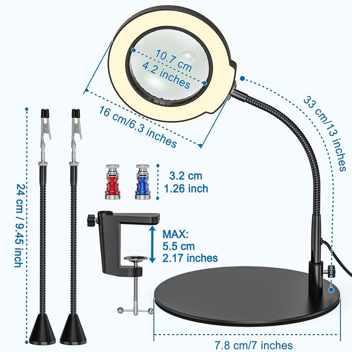 SnelShoppen - Vergrootglas met Verlichting 10x 15x, 5 Kleuren, Infiniet Dimbaar, Klem en Magneet, Hulp bij Solderen, LED Verlichting voor Reparatie