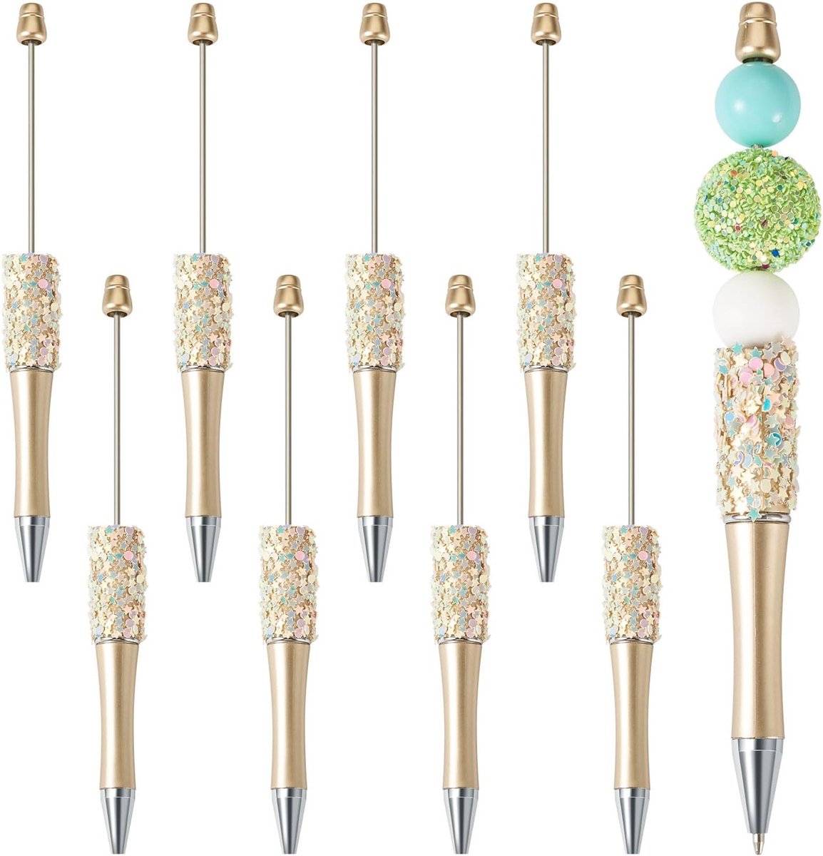 SnelShoppen - 8 Stuks Pailletten Balpen Set - Personaliseerbare Balpennen - Licht Khaki - Kunststof - Ideaal voor Studenten en Kantoorbenodigdheden