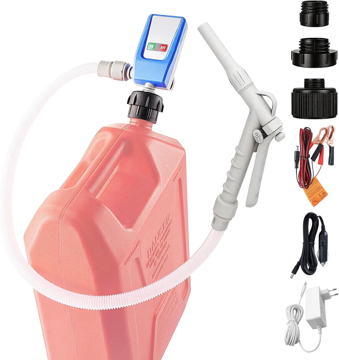 SnelShoppen - 3.2 GPM Elektrische Brandstofoverdracht Pomp, 32mm Pompkop Brandstofpomp met 3-Weg Adapter, 1.3m Slang, Draagbare Vloeistofpomp voor Ben