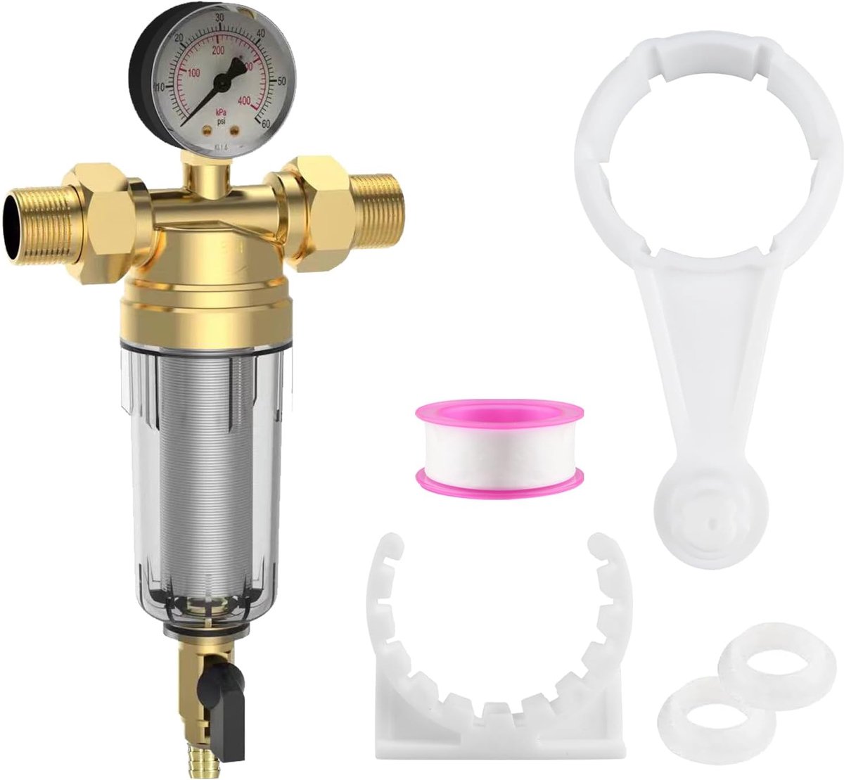 SnelShoppen - Waterdrukregelaar 3/4 inch met terugspoelfilter en drukmeter, veilig en duurzaam voor huishoudelijk gebruik, eenvoudig te installeren, i