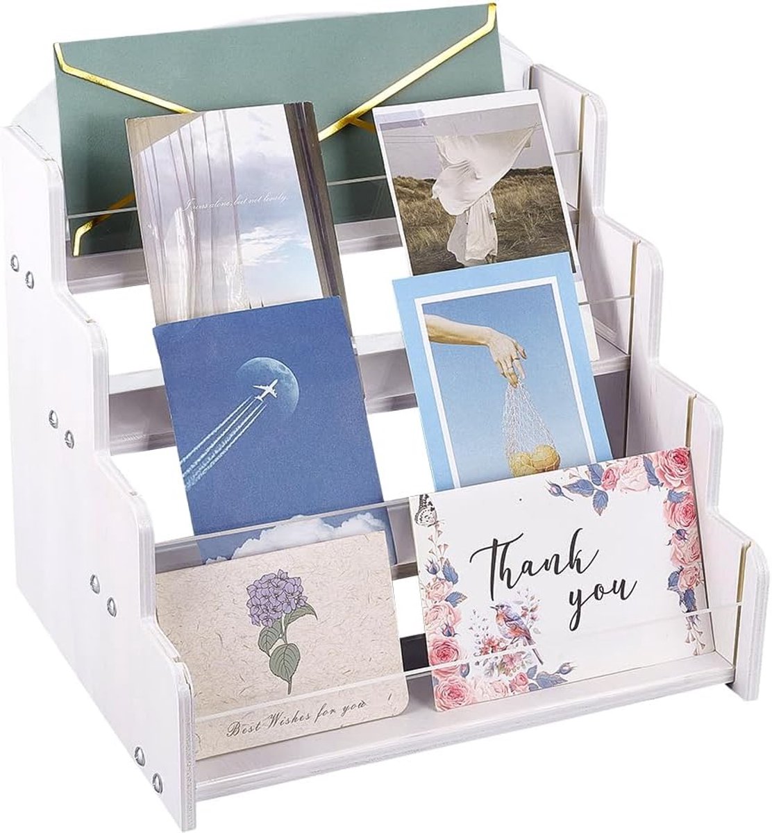 SnelShoppen - Standaard voor kaarten met 4 niveaus, houten displayhouder voor acrylplaten, verzamelpapier, wenskaarten, stickers, fotosieraden, 255mm