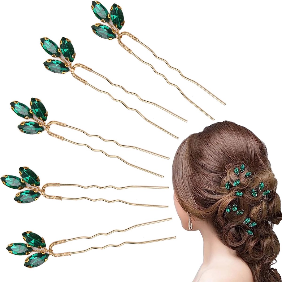 SnelShoppen - Bruids Haarspelden, Vintage Haarspelden met Groene Rhinestones, U-Vormige Haarspelden voor Bruid en Bruidsmeisje, Feestelijke Sieraden
